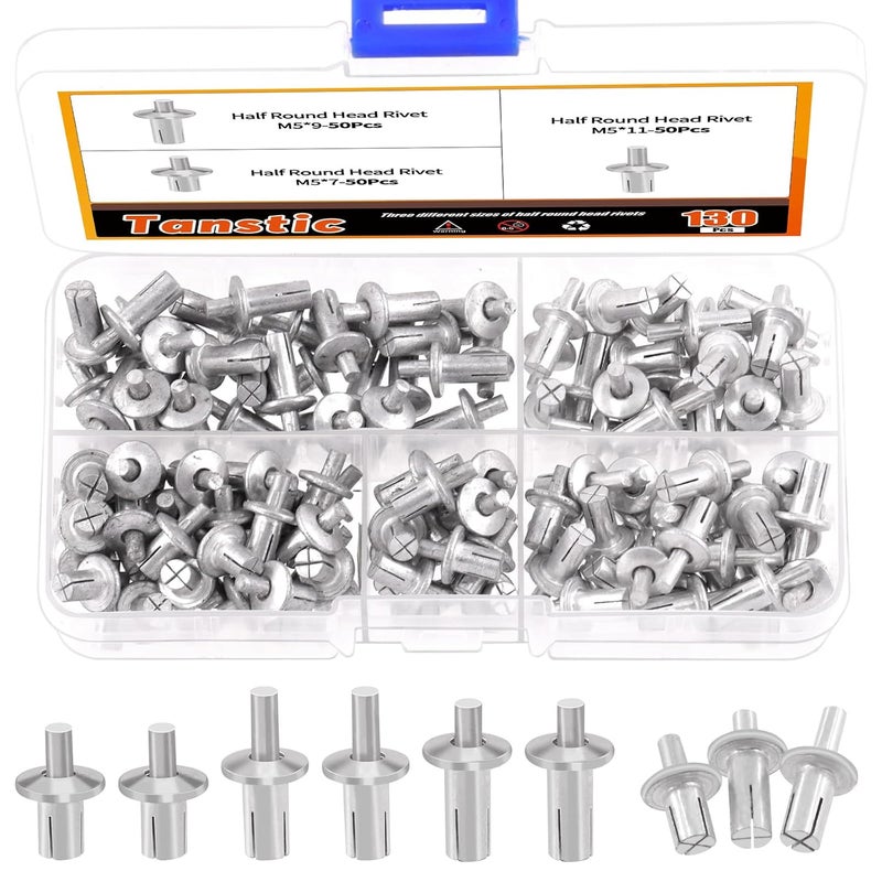 Tanstic 130Pcs 3 Sizes Half Round Head Aluminum Core Rivet Drive Rivets Hammer Drive Rivets Knock Type Expansion Aluminum Rivet for Home Industry (M5x7,M5x9,M5x11mm) - Image 1